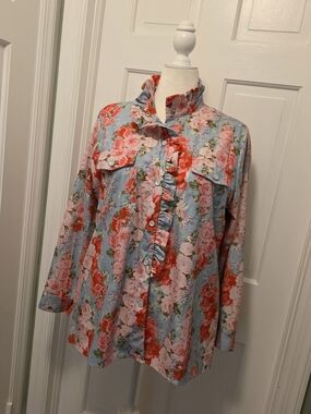 Cherrybetty Floral Ruffle-Front Button Down Shirt - Snap Close Size XL Versatile